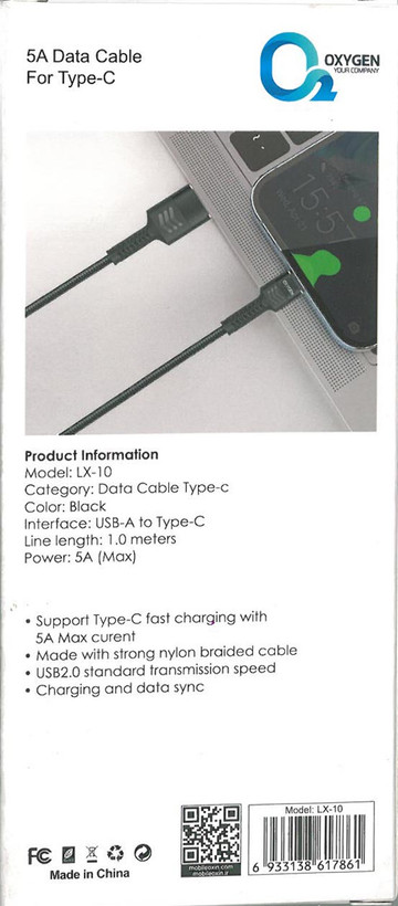 کابل شارژ تایپ سی برند اکسیژن مدل lx-10