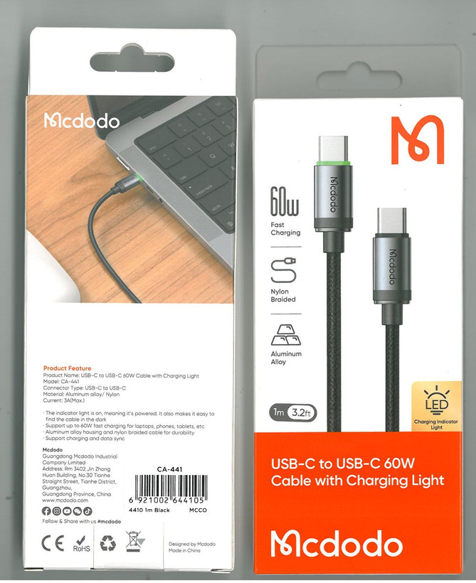 کابل دو سر تایپ سی فست شارژ 60 وات مک دودو مدل CA-441
