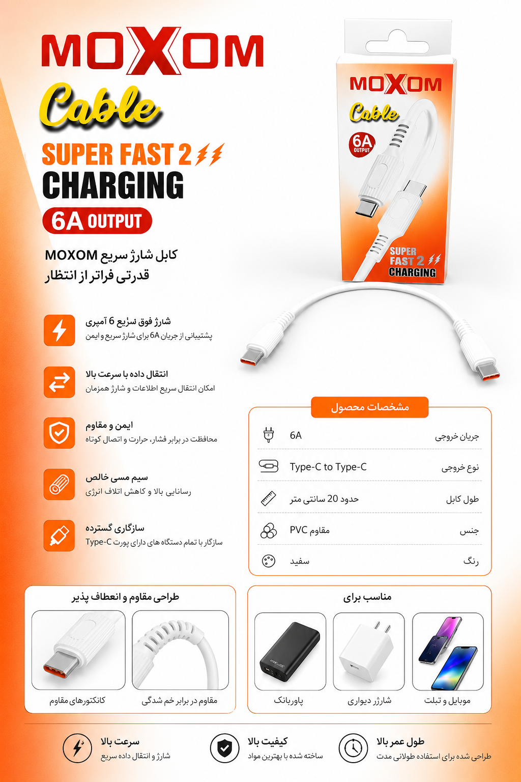 کابل پاور بانک شارژ سریع MOXOM مدل Type-C به Type-C