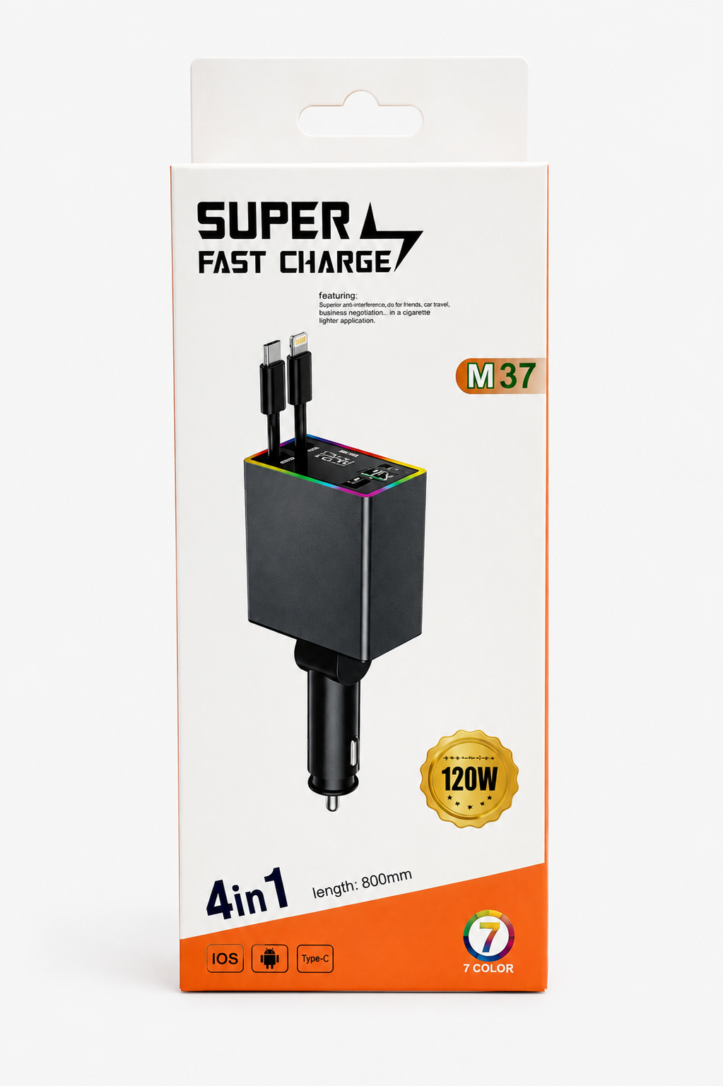 شارژر فندکی خودرو 4 کاره M37 مدل Super Fast Charge با کابل جمع‌شونده و توان  120W