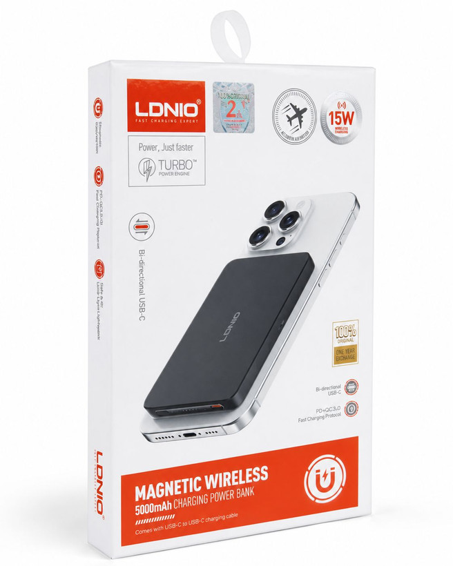 پاوربانک مگنتی وایرلس LDNIO مدل PQ28 ظرفیت 5000mAh