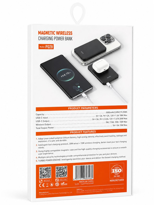 پاوربانک مگنتی وایرلس LDNIO مدل PQ28 ظرفیت 5000mAh